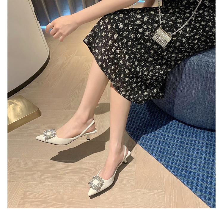 Black Rhinestone Ankle Strap Pointy Mid Heel Sandals 670997112279 - COCOMELODY