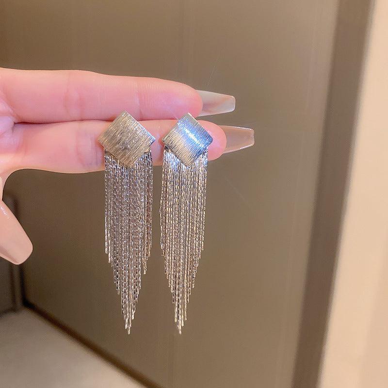 Silver needle heart square metal tassel earrings 687956869389 - COCOMELODY