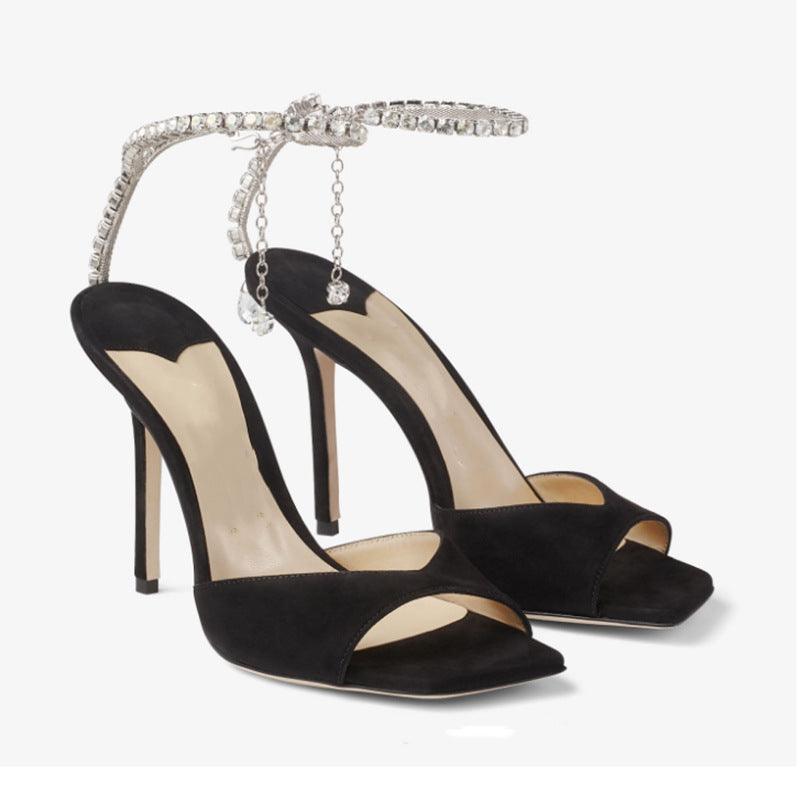 Glitter and Rhinestone Ankle Strap Square Stiletto Heels 695399992506 - COCOMELODY