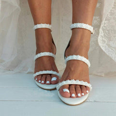 White Lace Ankle Strap Block Heel Sandals 708995413390 - COCOMELODY