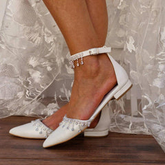 White Crystal Ankle Strap Pointy Flat Shoes 708270132734 - COCOMELODY