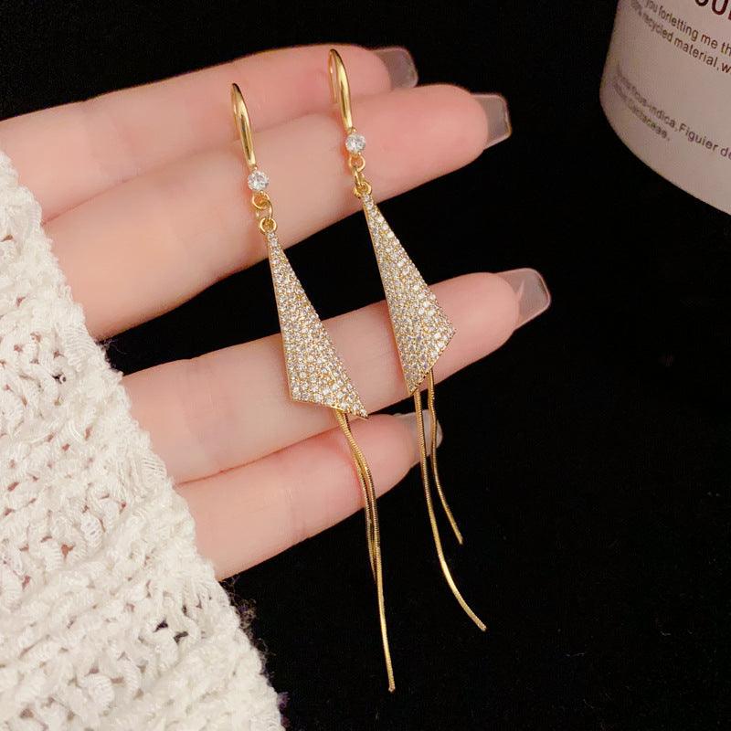 Miniature Zircon Triangular Long Tassel Ear Hook 807973724138 - COCOMELODY