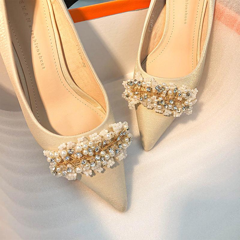Pearl Satin Pointy Stiletto Heels 683923492274 - COCOMELODY