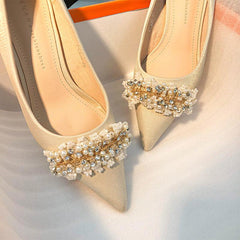 Pearl Satin Pointy Stiletto Heels 683923492274 - COCOMELODY