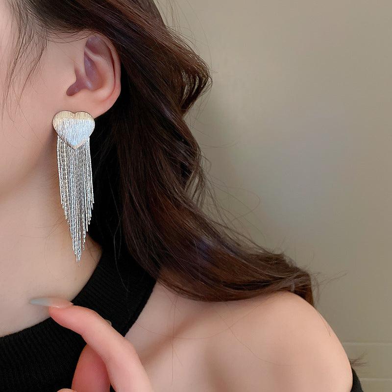 Silver needle heart square metal tassel earrings 687956869389 - COCOMELODY