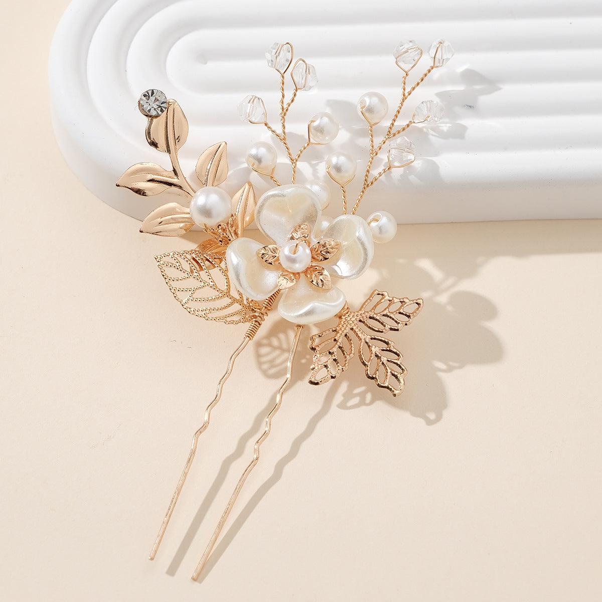 Accessories Hair accessories Handmade hairpin Dinner Party Hairpin Gold leaf Pearl flower pin set of 3 762013156634 - COCOMELODY