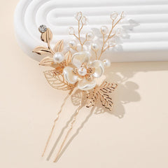 Accessories Hair accessories Handmade hairpin Dinner Party Hairpin Gold leaf Pearl flower pin set of 3 762013156634 - COCOMELODY