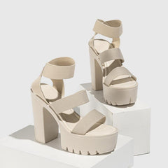 Apricot Round Ankle Strap Block Heel Sandals 775267776406 - COCOMELODY