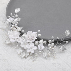 White flowers silver leaf headband Bride wedding Headpieces 739265886585 - COCOMELODY