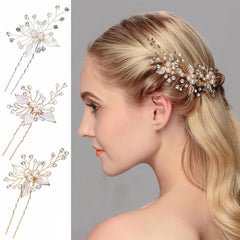 Bridal headwear Leaf hair pin Fashion wedding accessories Handmade pearl U-shaped hairpin set of 3 524682360029 - COCOMELODY