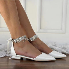 White Rhinestone Ankle Strap Pointy Flat Shoes 738090030997 - COCOMELODY