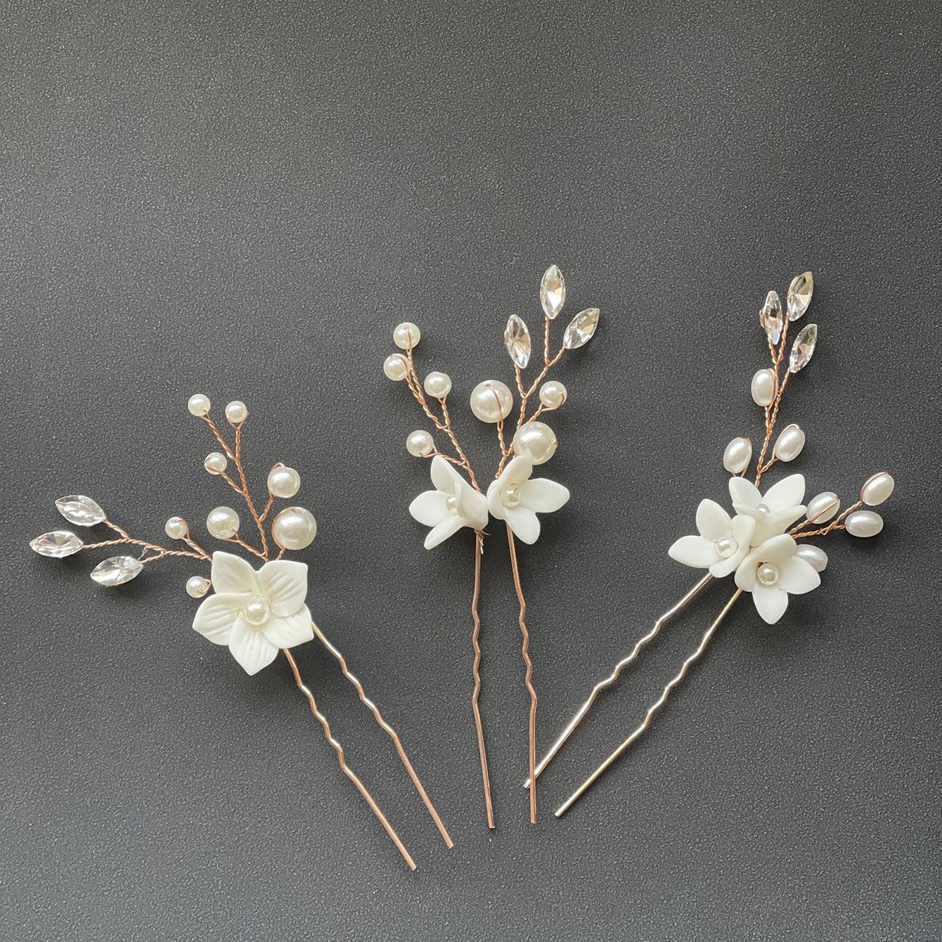 Bride wedding headwear White flower U-shaped Hairpins set of 3 684387483787 - COCOMELODY
