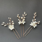 Bride wedding headwear White flower U-shaped Hairpins set of 3 684387483787 - COCOMELODY