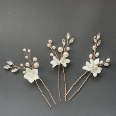 Bride wedding headwear White flower U-shaped Hairpins set of 3 684387483787 - COCOMELODY