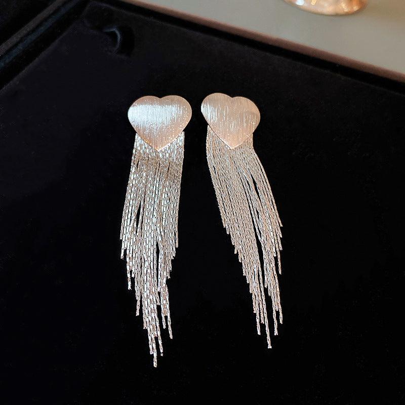 Silver needle heart square metal tassel earrings 687956869389 - COCOMELODY