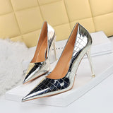 Gold Faux Leather Pointy Stiletto Heels 666858462308 - COCOMELODY