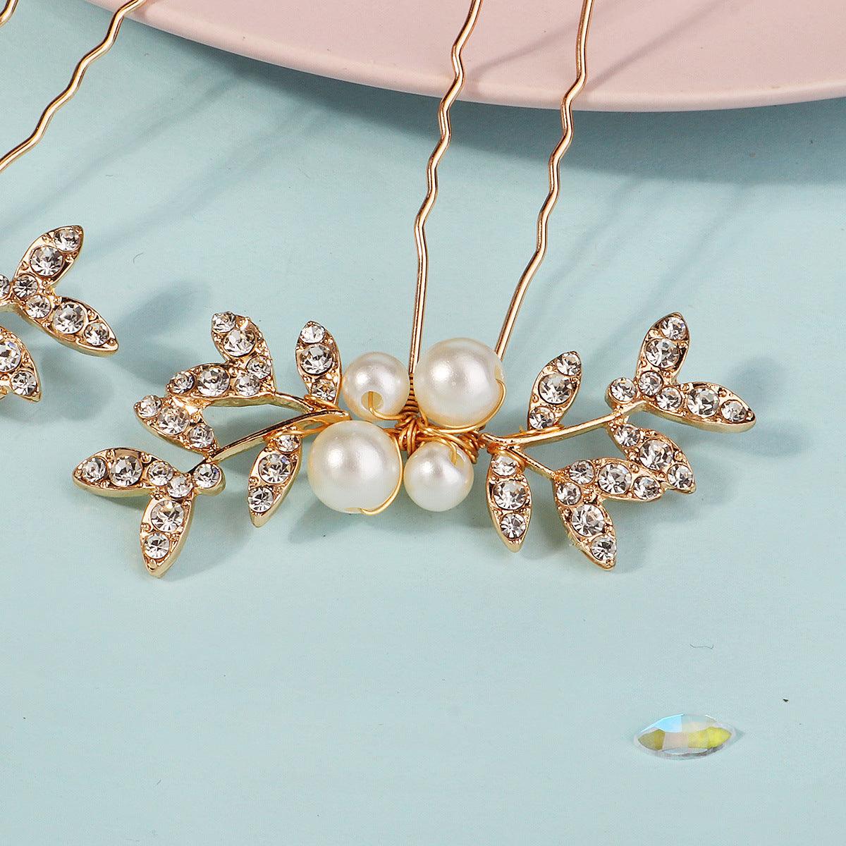 Rhinestone pearl leaf hairpin Bride headdress U-pin hairpin 773672582229 - COCOMELODY