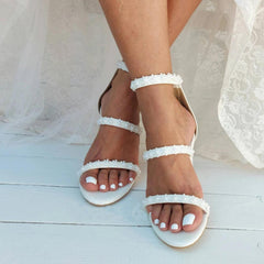 White Lace Ankle Strap Block Heel Sandals 708995413390 - COCOMELODY