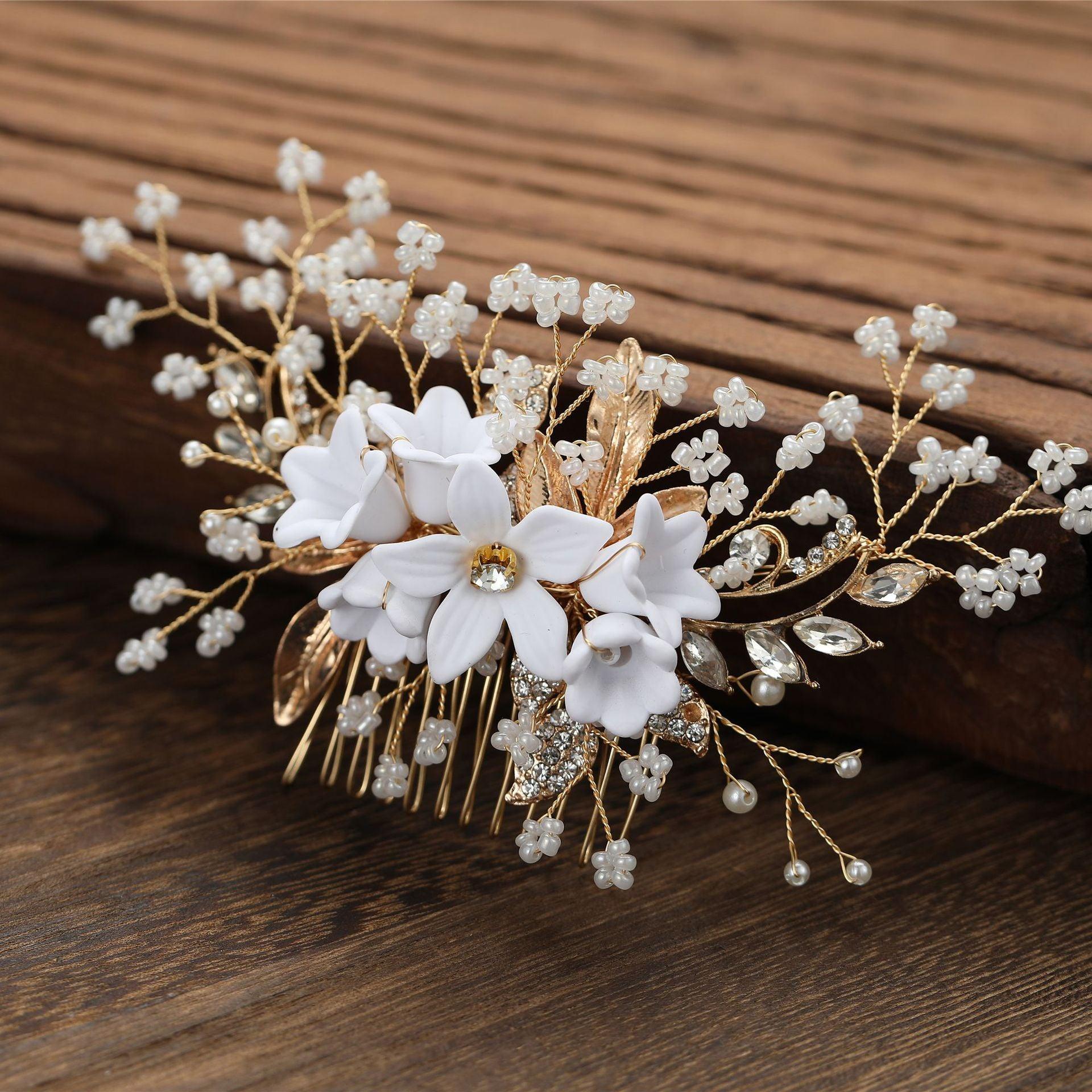 Handmade flowers for the bride Combs pearl headband wedding dress accessories 606964140214 - COCOMELODY