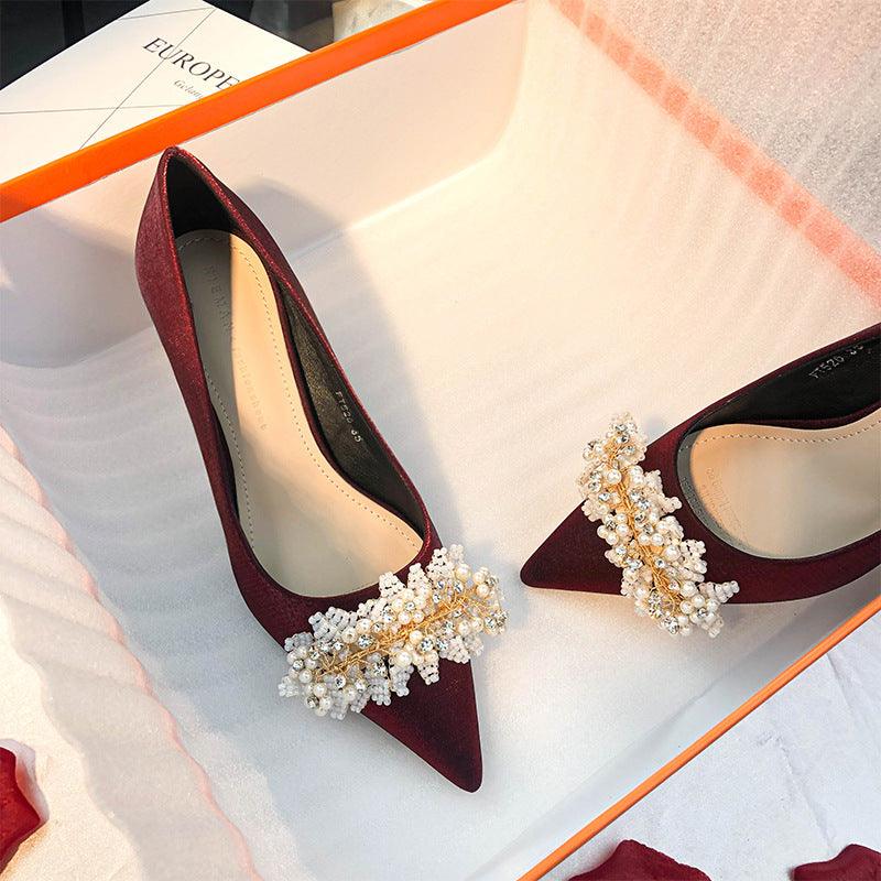 Pearl Satin Pointy Stiletto Heels 683923492274 - COCOMELODY