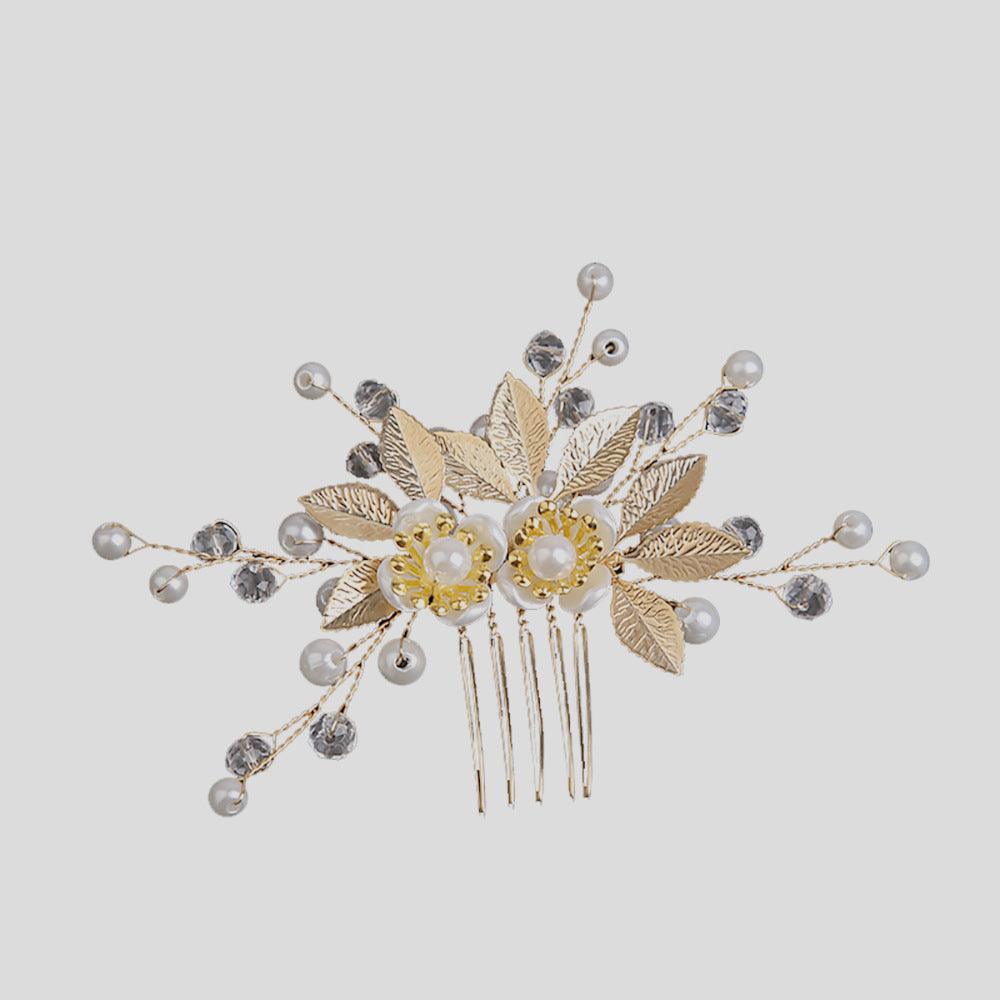 Gold Leaf Hair Comb Handmade Bride Crown Headpiece Flower comb set 690525637756 - COCOMELODY