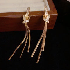 Delicate light luxe zircon knot fringe earrings temperament long earrings 800256901146 - COCOMELODY