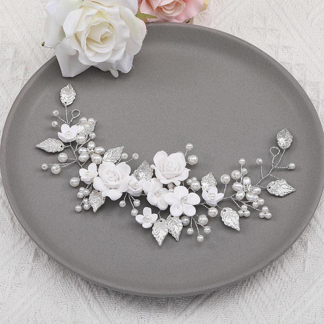 White flowers silver leaf headband Bride wedding Headpieces 739265886585 - COCOMELODY