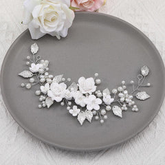 White flowers silver leaf headband Bride wedding Headpieces 739265886585 - COCOMELODY