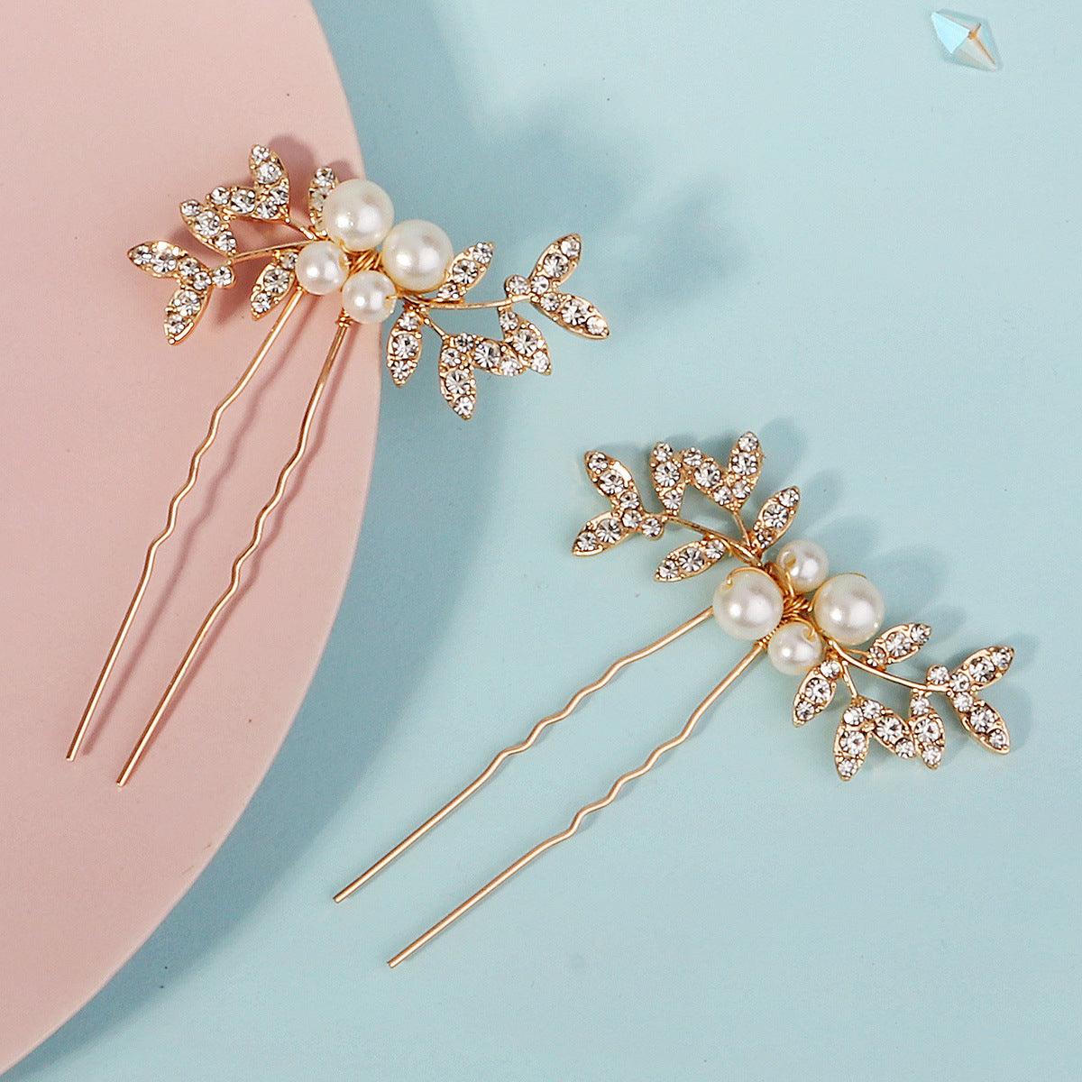 Rhinestone pearl leaf hairpin Bride headdress U-pin hairpin 773672582229 - COCOMELODY