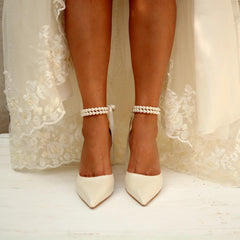 Pearl white Satin Pointy Block Heels 708400120081 - COCOMELODY