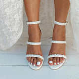 White Lace Ankle Strap Block Heel Sandals 708995413390 - COCOMELODY