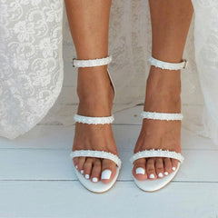 White Lace Ankle Strap Block Heel Sandals 708995413390 - COCOMELODY
