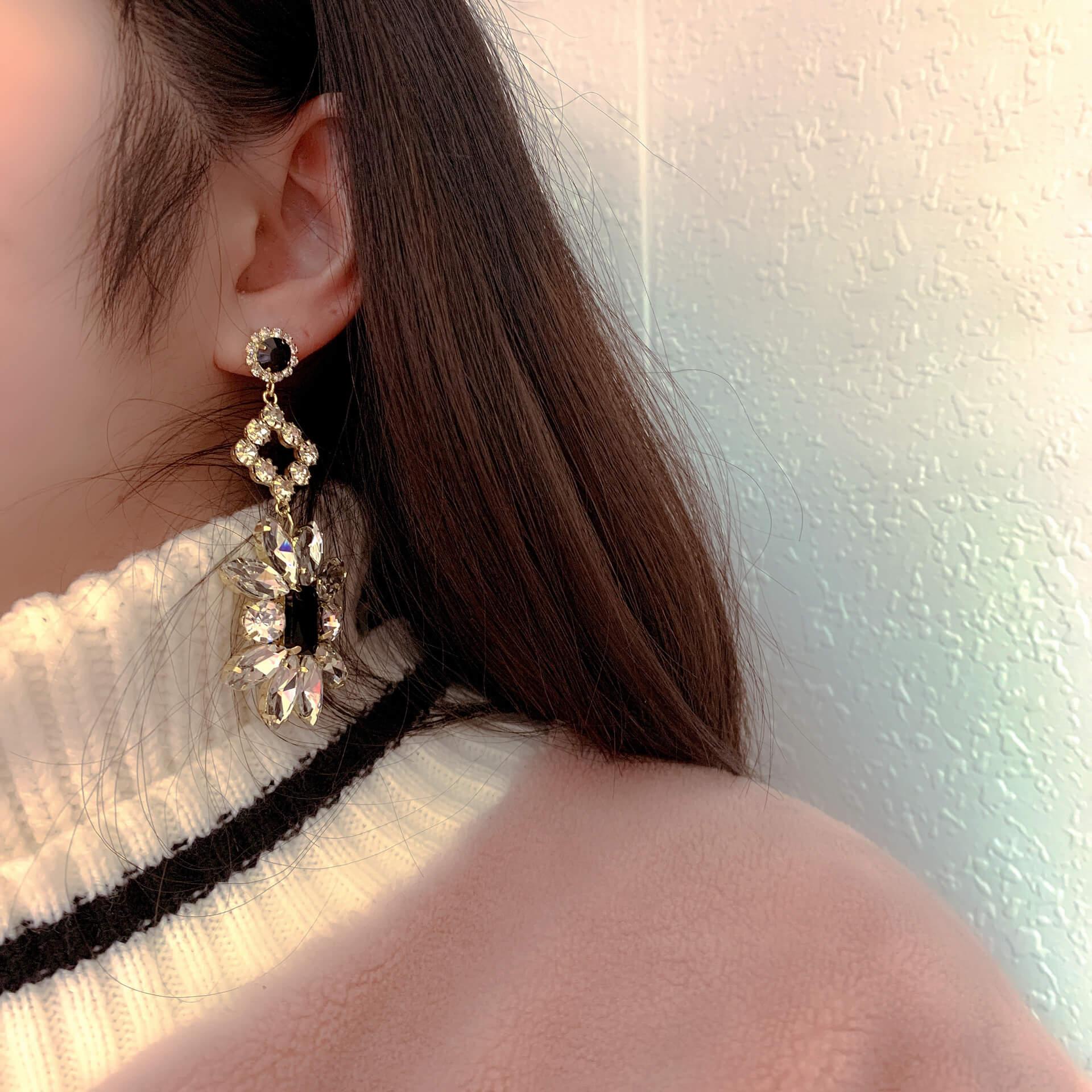Black Jewel Earrings Crystal Exaggerated Earrings 634521961713 - COCOMELODY
