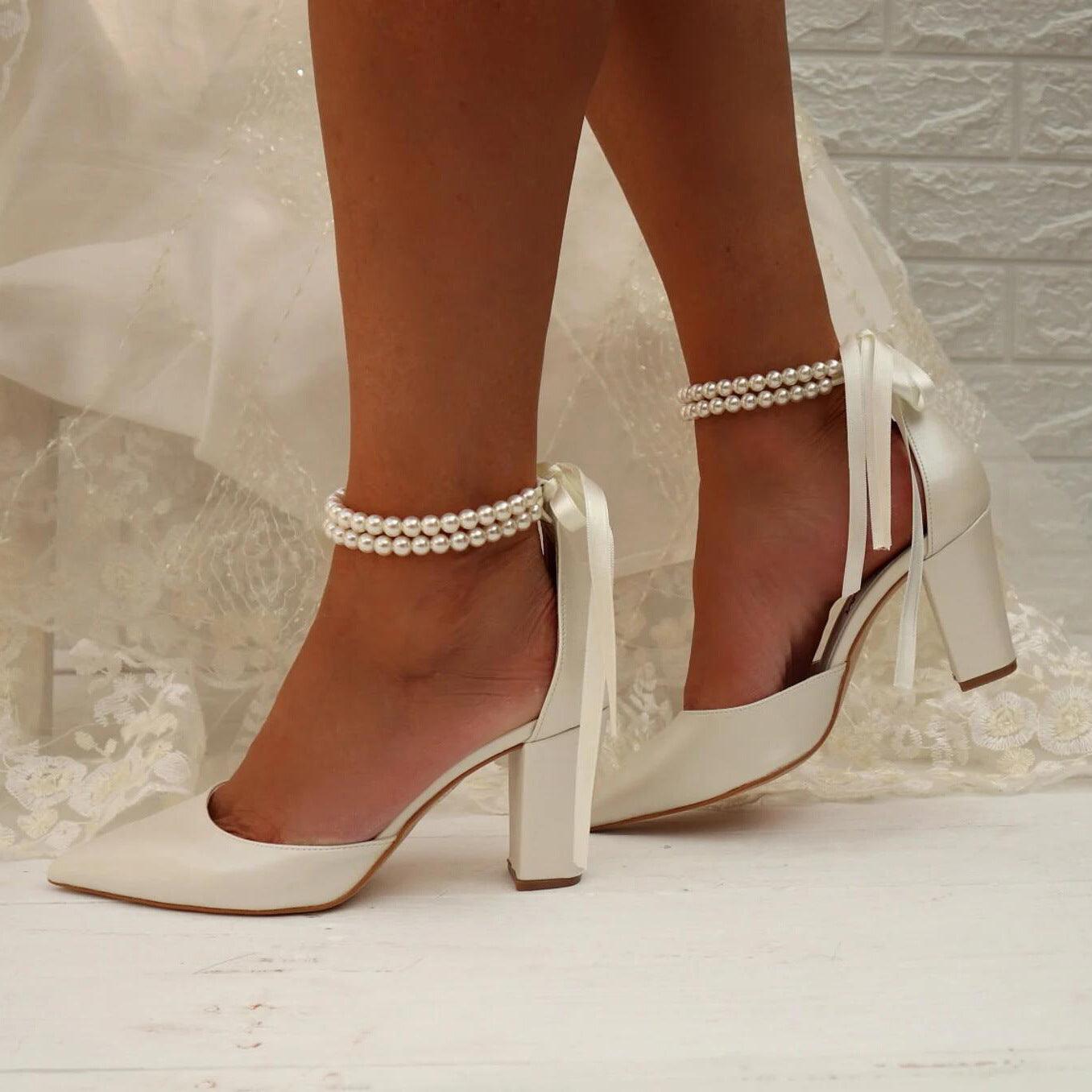 Pearl white Satin Pointy Block Heels 708400120081 - COCOMELODY