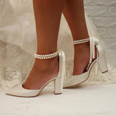 Pearl white Satin Pointy Block Heels 708400120081 - COCOMELODY
