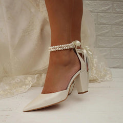 Pearl white Satin Pointy Block Heels 708400120081 - COCOMELODY