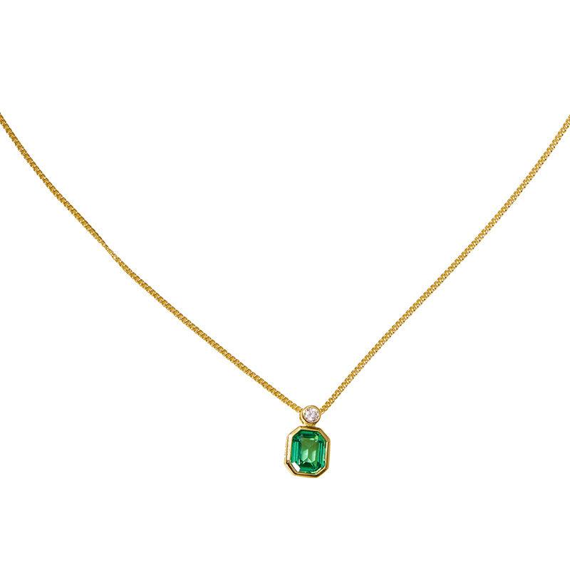 Octagonal Green Jewel Necklace S925 silver gold plated square emerald clavicle chain 680207180457 - COCOMELODY