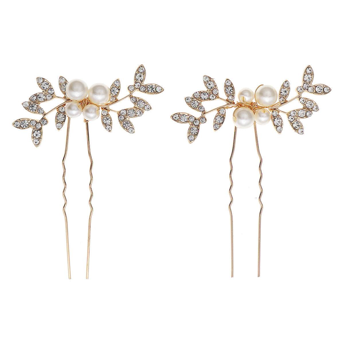 Rhinestone pearl leaf hairpin Bride headdress U-pin hairpin 773672582229 - COCOMELODY