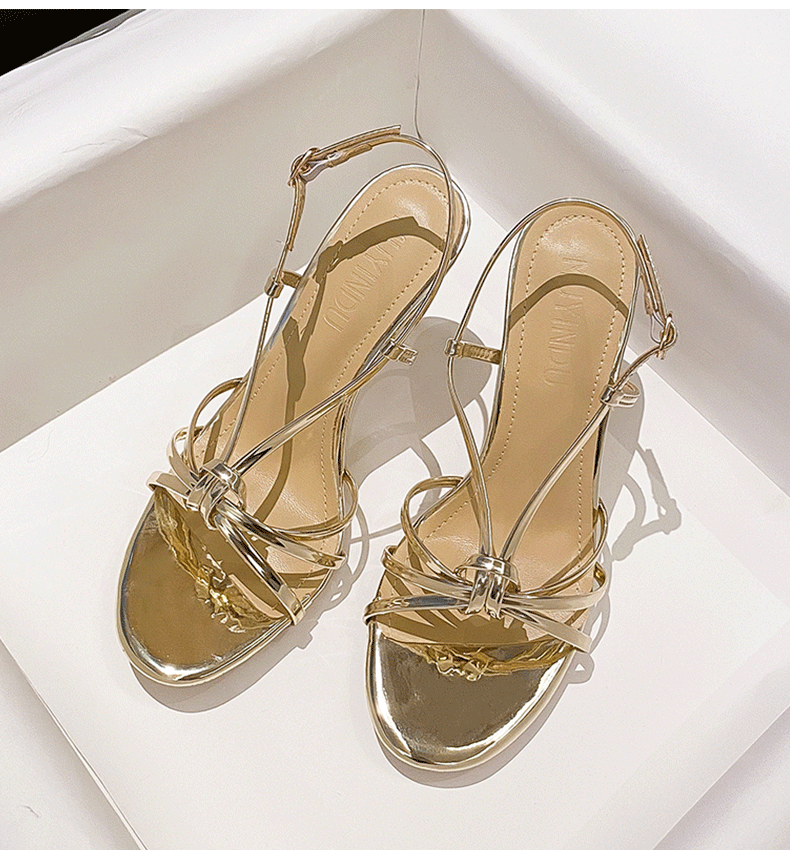 Gold Faux Leather Ankle Strap Round Stiletto heel Sandals 795355491225 - COCOMELODY