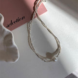 Shredded silver pearl double necklace choker 800772966486 - COCOMELODY