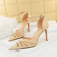 Black Pointy Ankle Strap Stiletto Heels 673900597001 - COCOMELODY