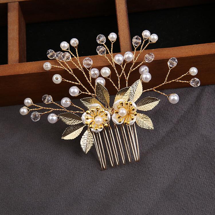 Handcrafted pearl set with Gold leaf hair comb 725487239358 - COCOMELODY