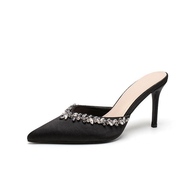 Black satin pointy rhinestone heels 790493683796 - COCOMELODY