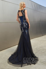 Mermaid Sweep Train Lace Tulle Knitted Fabric Dress PR3612CR - COCOMELODY