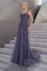 A-Line Sweep-Brush Train Tulle and Lace Dress PR3614CR - COCOMELODY
