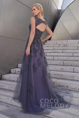 A-Line Sweep-Brush Train Tulle and Lace Dress PR3614CR - COCOMELODY