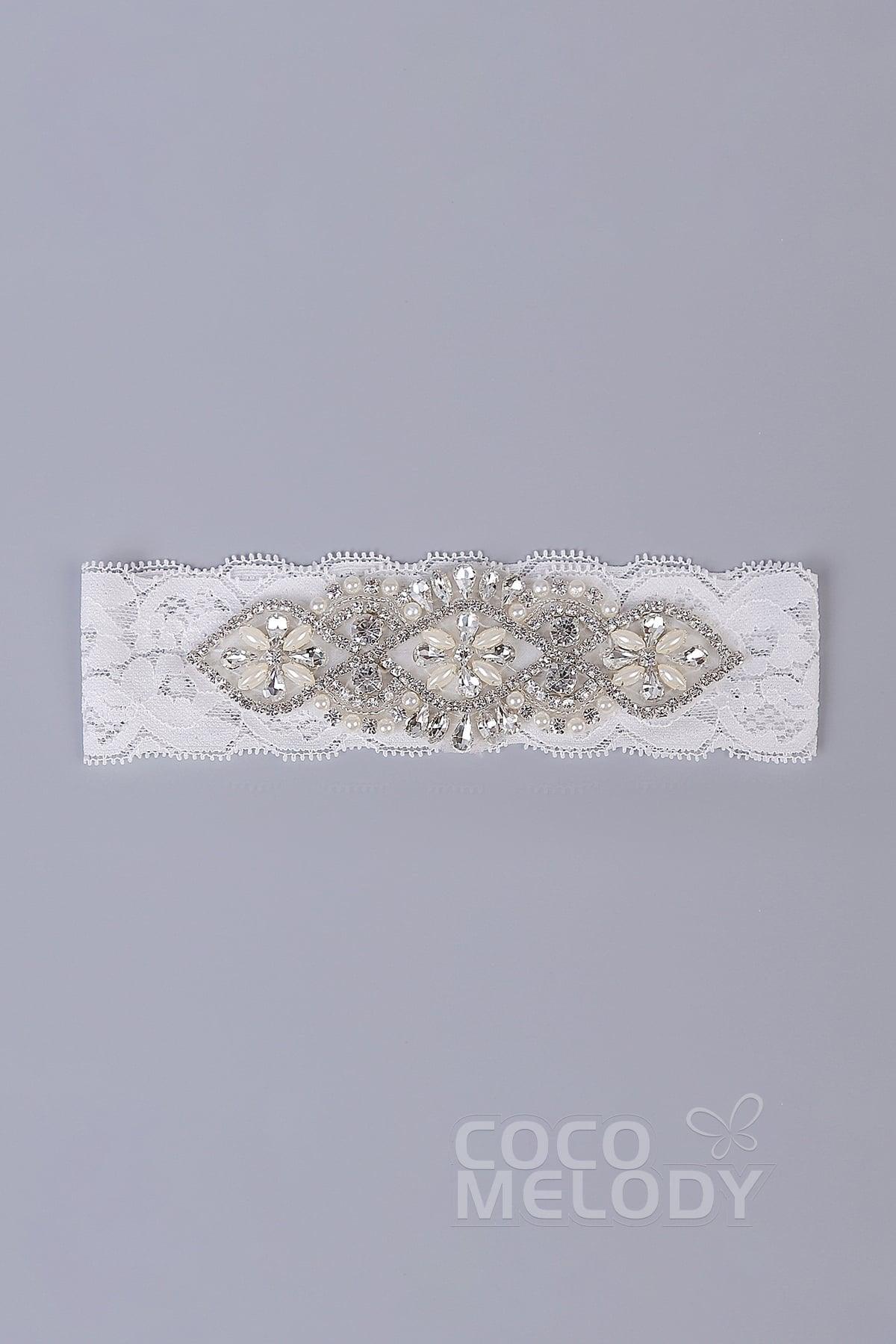 Lace Wedding Garter with Diamond and Pearls WD17011 - COCOMELODY