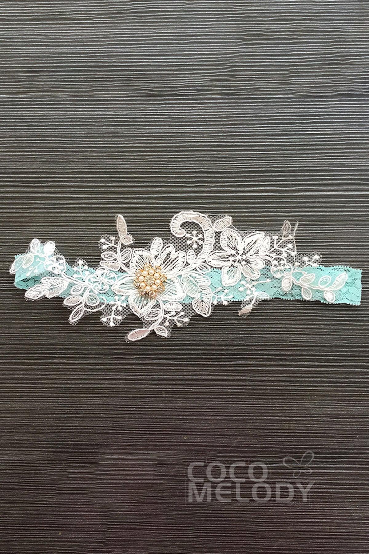 Lace Wedding Garter with Diamond and Pearls WD17013 - COCOMELODY