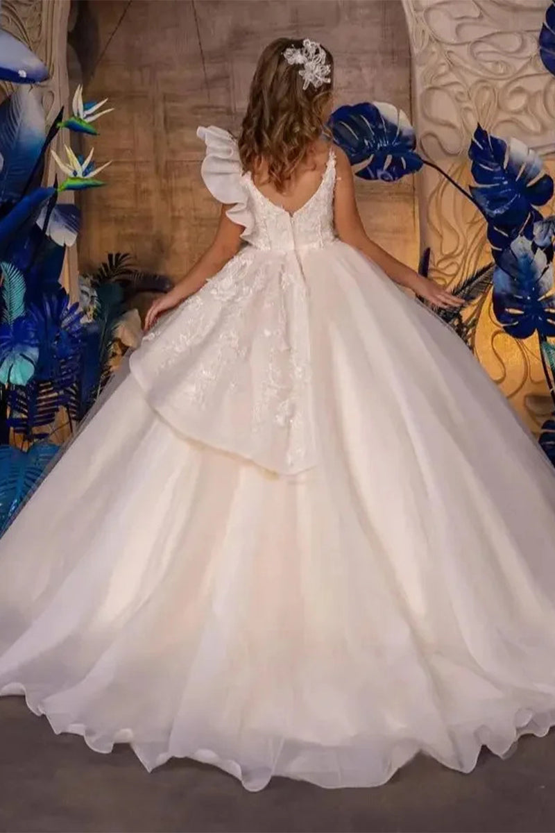 A-Line V-Neck Sleeveless Tulle Sweep-Brush Train Flower Girl Dresses 915121553468