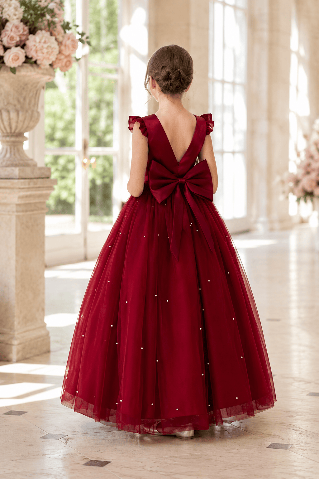 Romantic Tulle with Bow Back Pearl Accents Flower Girl Dresses 1029322248393